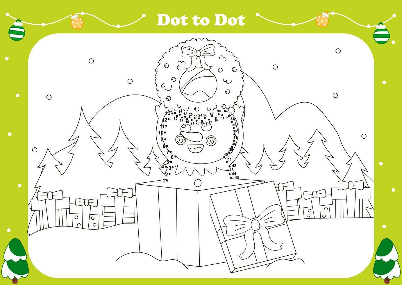linda invierno Días festivos temática punto a punto juego para niños con monigote de nieve personaje sentado en regalo caja con Navidad guirnalda vector