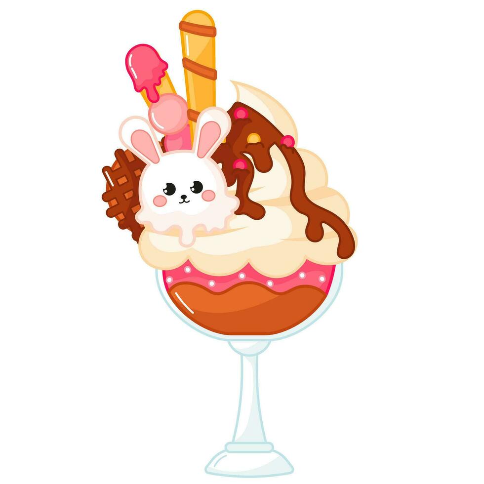 sabroso kawaii conejito conformado hielo crema en vaso con chocolate Adición y crema dibujos animados vector