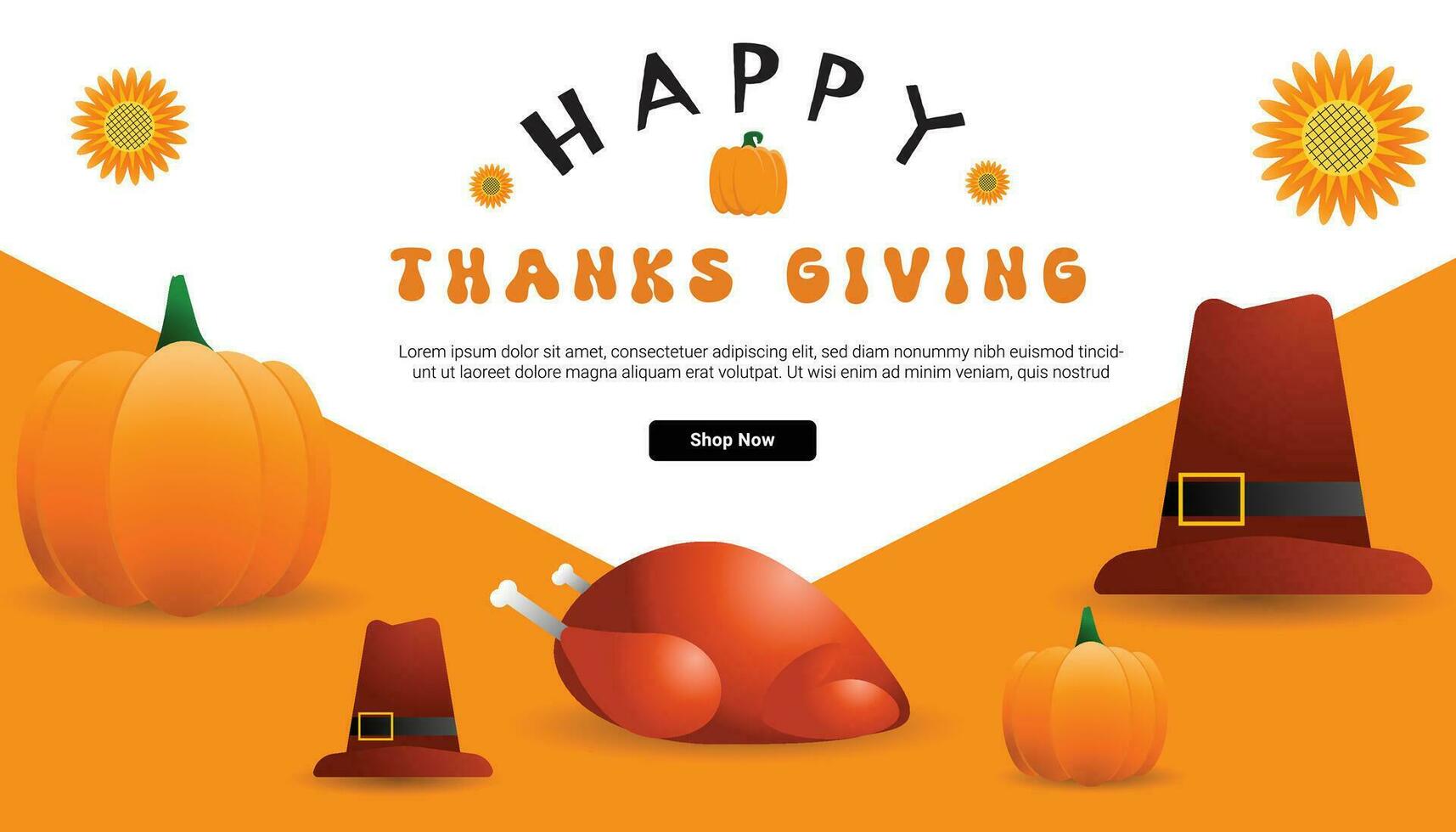Thanksgiving Day greeting card, flyer, banner, poster templates. pumpkin, roast turkey and pilgrim's hat, autumn leaves, and calligraphy inscription. Thanksgiving day vector collection.