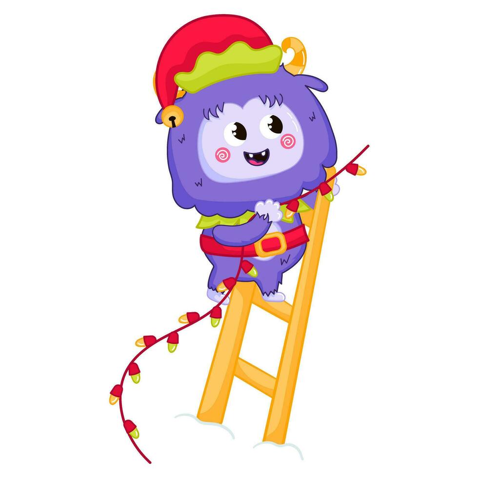 linda yeti o Pie Grande personaje en duende disfraz participación Navidad guirnalda en dibujos animados estilo vector