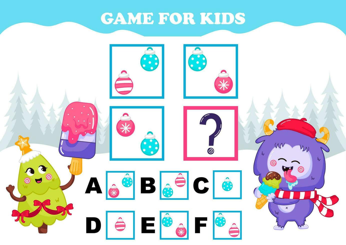 Printable christmas themed game for kids with yeti character with christmas tree trying to find answer for iq test while eating ice cream vector