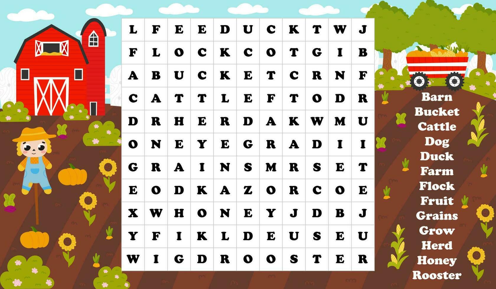 Printable worksheet word search with farm barn and scarecrow with garden with harvest of pumpkin vector