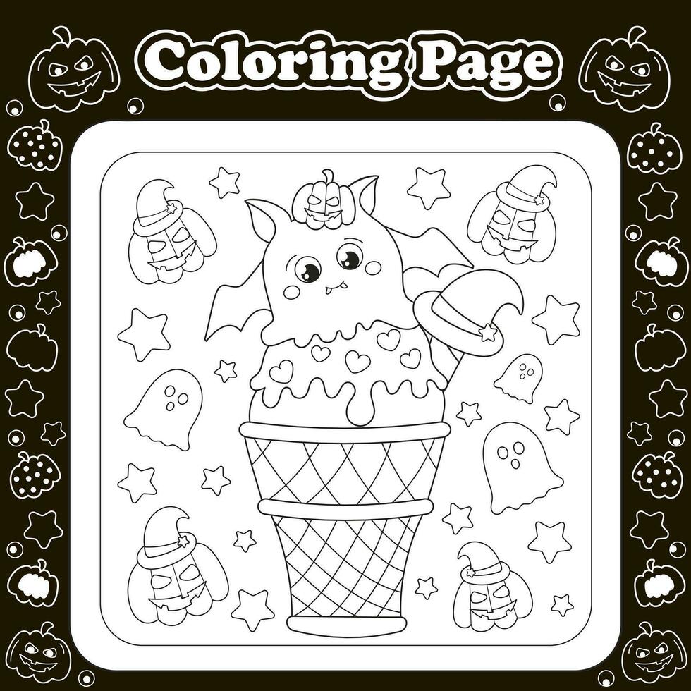 Víspera de Todos los Santos dulces temática colorante página para niños con kawaii fantasma y calabaza personaje conformado hielo crema vector