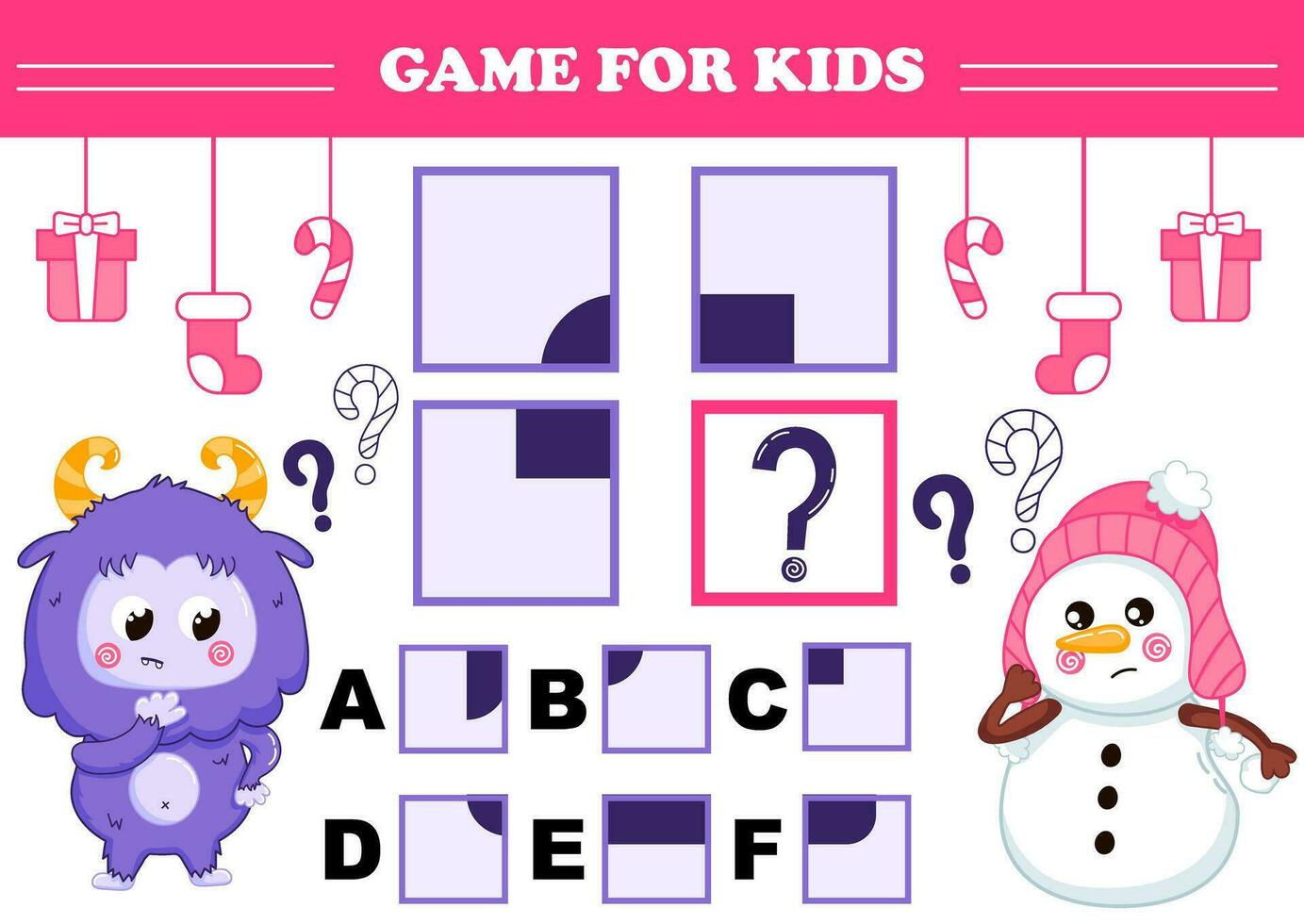 Printable christmas themed game for kids with yeti character with snowman trying to find answer for iq test vector