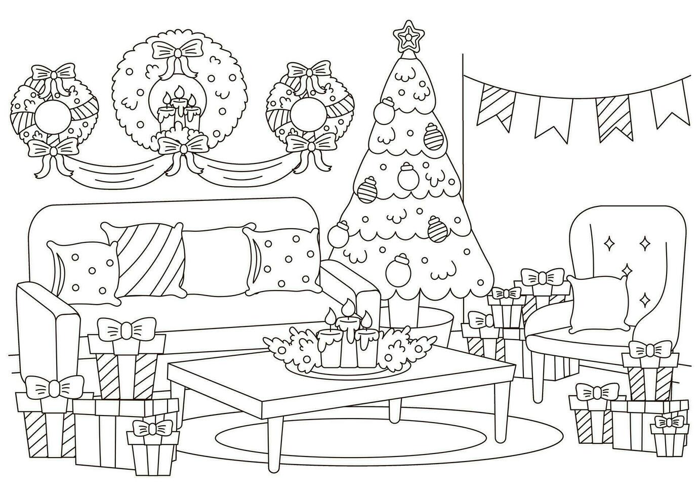 Christmas indoor interior of living room with christmas tree, table and holiday wreath coloring
