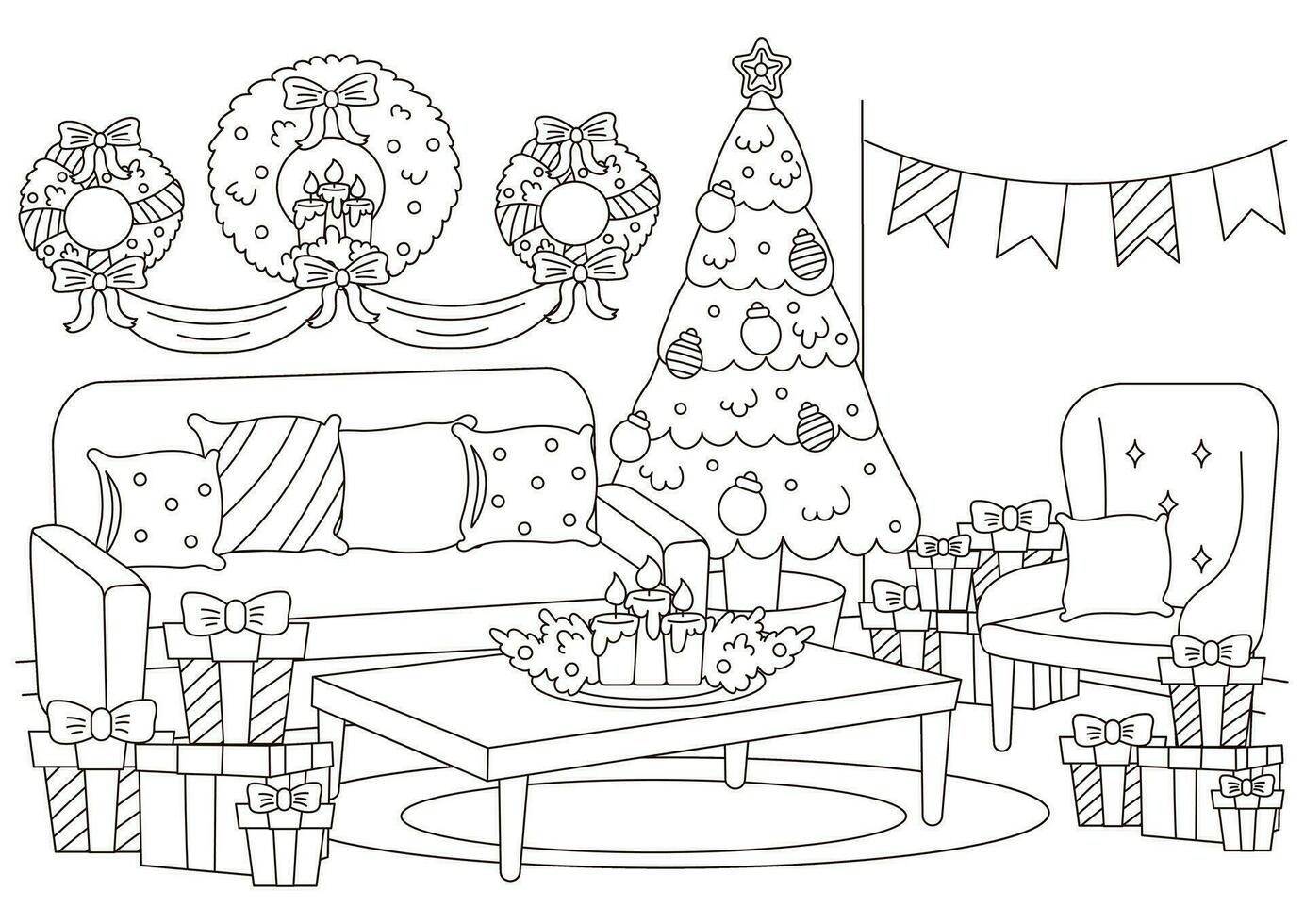 Navidad interior interior de vivo habitación con Navidad árbol, mesa y fiesta guirnalda colorante página vector