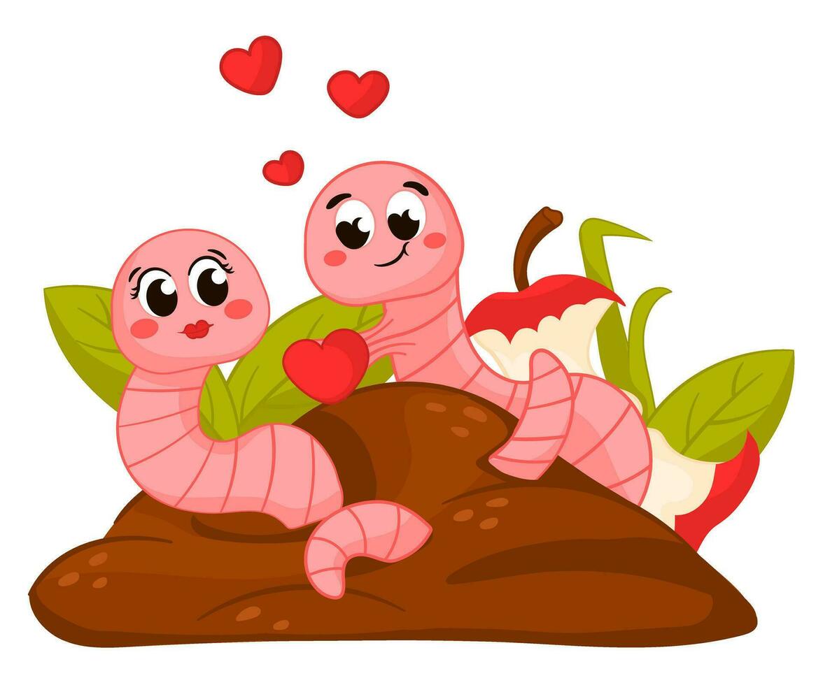 Cute cartoon worm characters fall in love vector