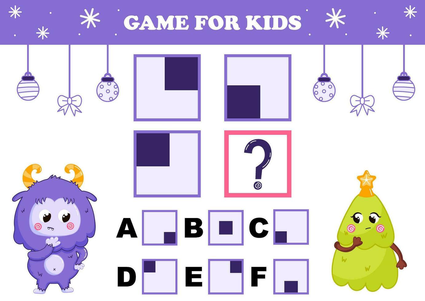 Printable christmas themed game for kids with yeti character with christmas tree trying to find answer for iq test vector