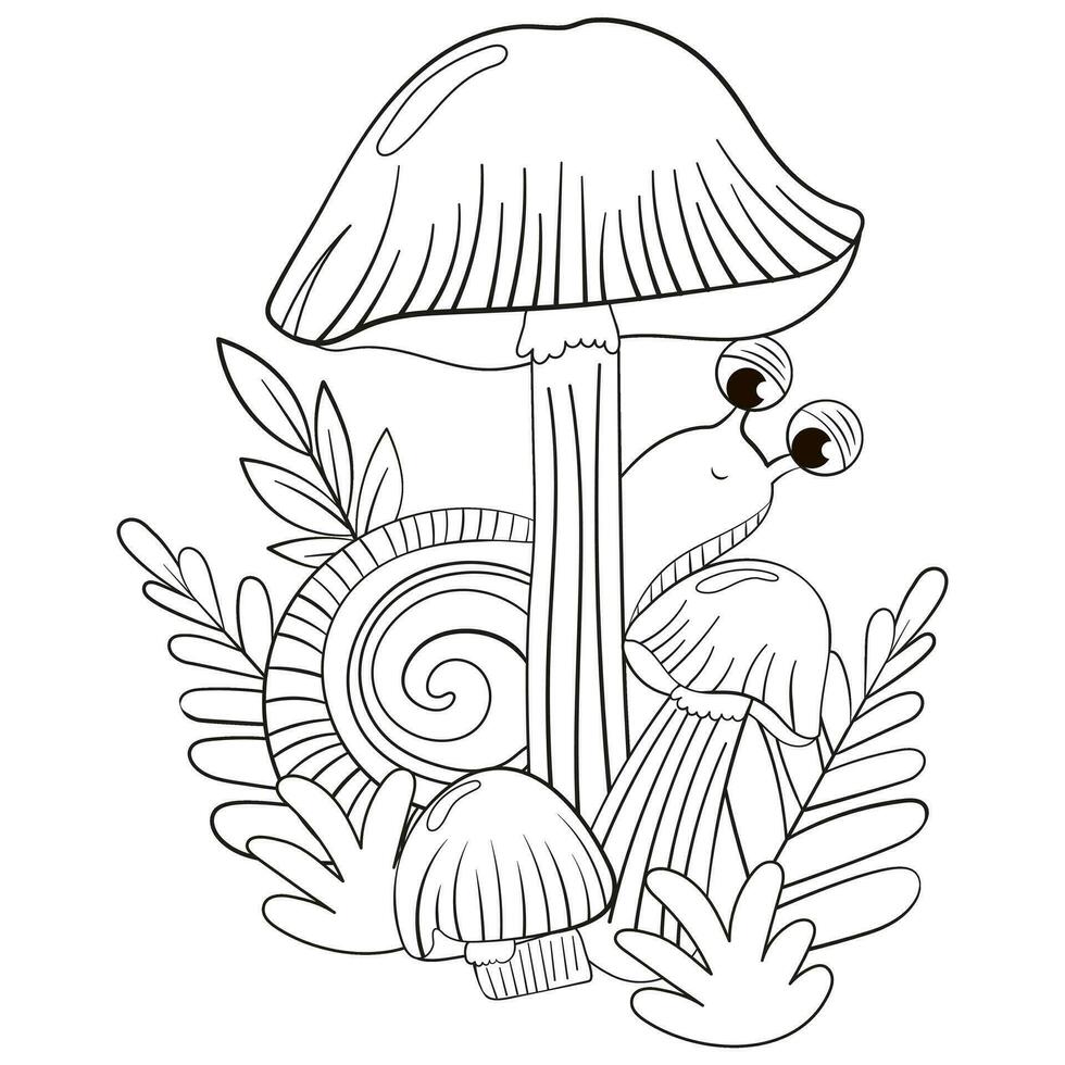 Coloring page with cute snail and mushrooms in grass for kids vector