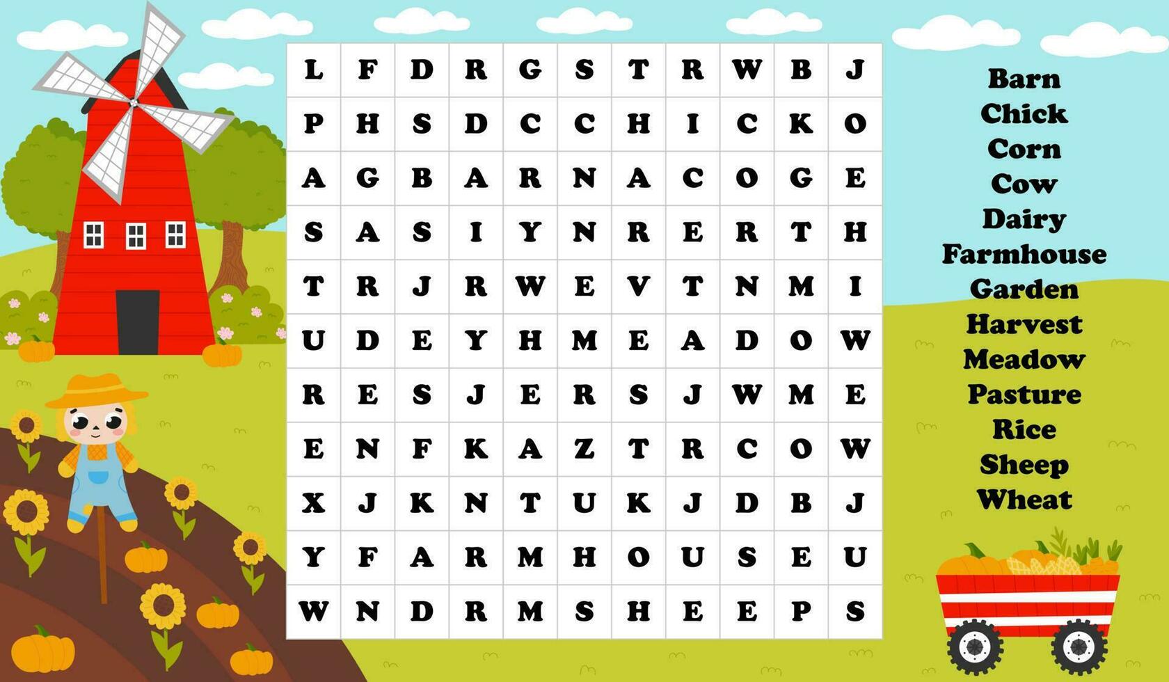 Garden with harvest with windmill, printable worksheet word search game for kids in cartoon style with scarecrow vector