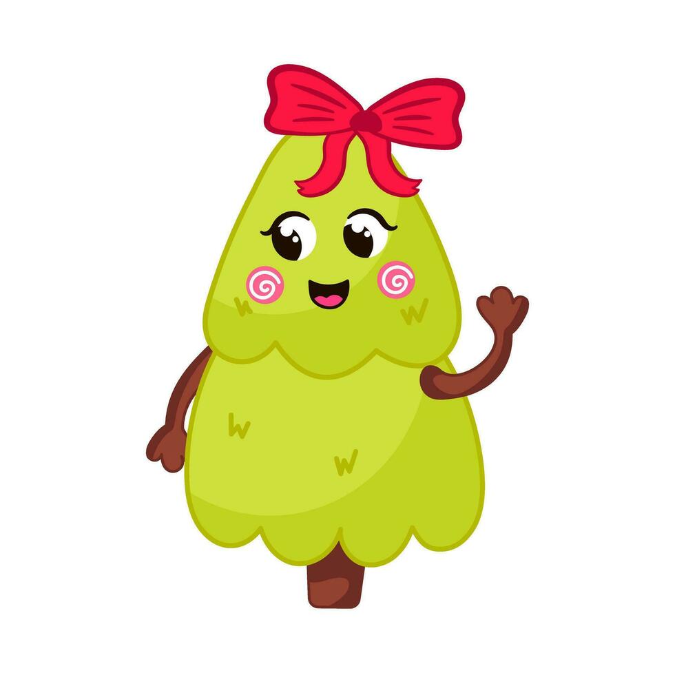 Cute Christmas tree character with bow cartoon style vector