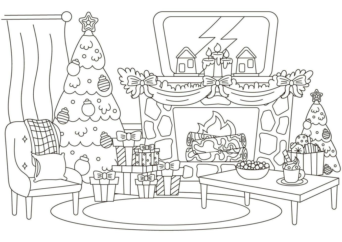 Navidad interior interior de vivo habitación con Navidad árbol, mesa y hogar vector