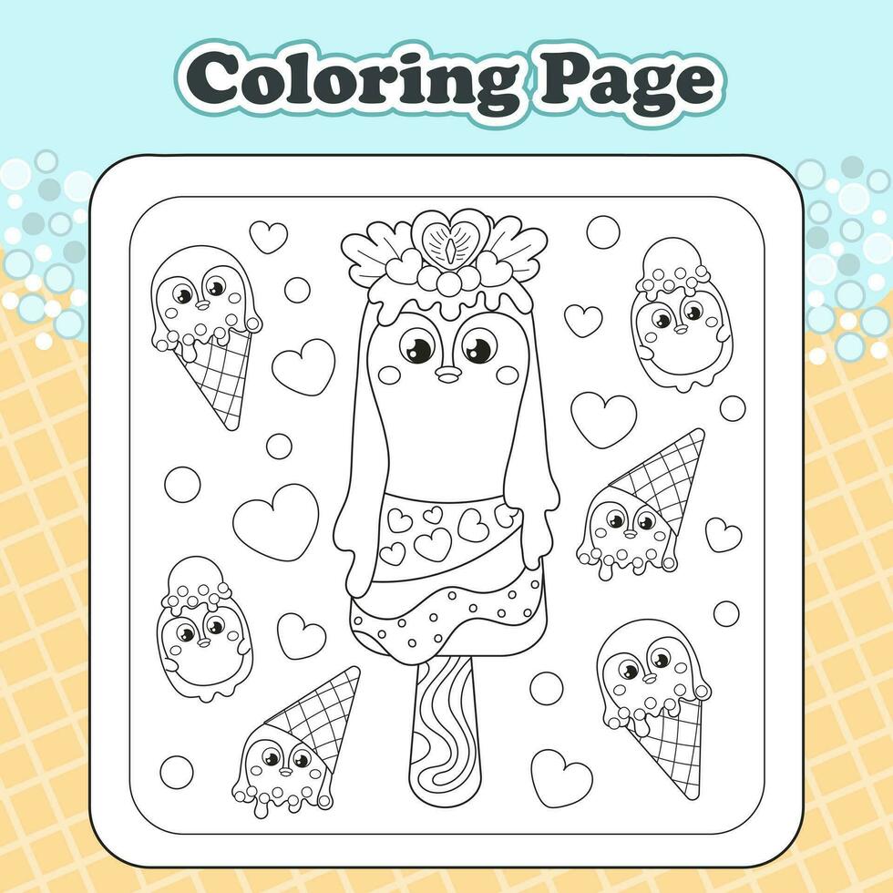 verano dulces temática colorante página para niños con kawaii animal personaje pingüino conformado hielo crema vector