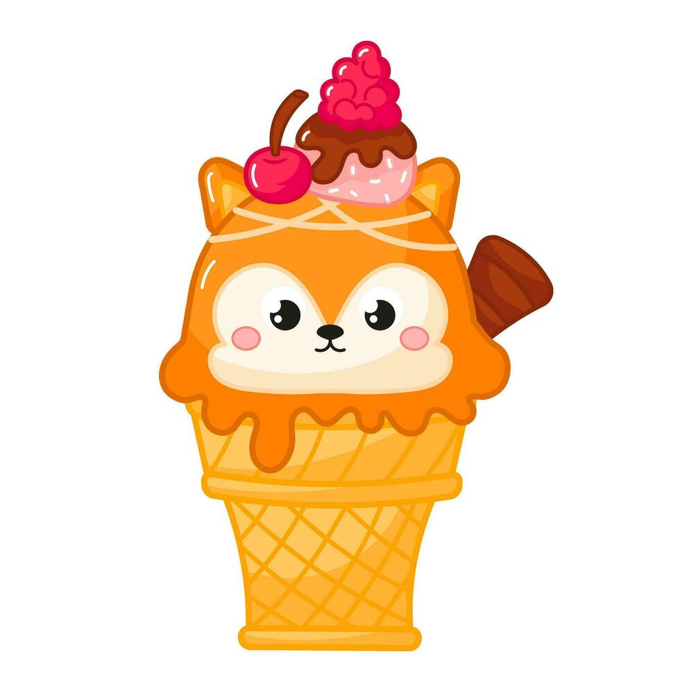 Tasty kawaii fox or dog shaped ice cream in cone with chocolate bar and berry cartoon for summer vector