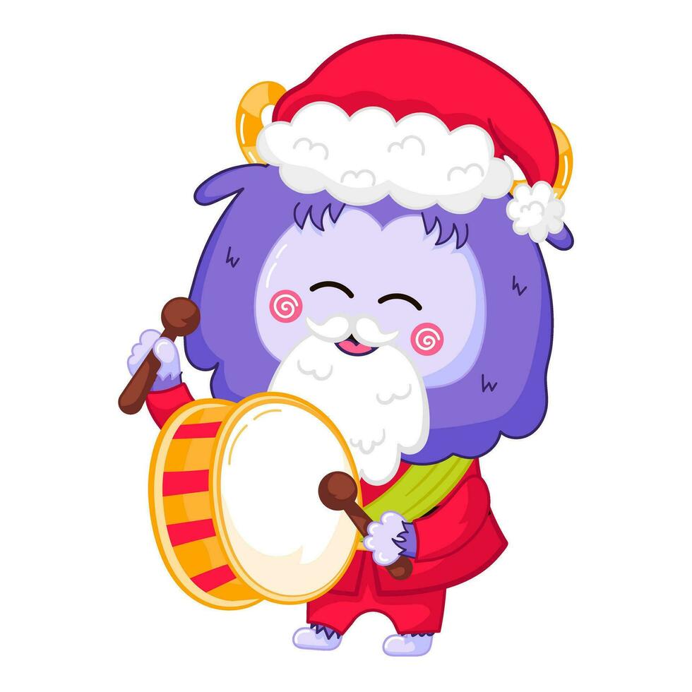 Cute Yeti or Bigfoot character in santa claus costume playing drum in cartoon style vector