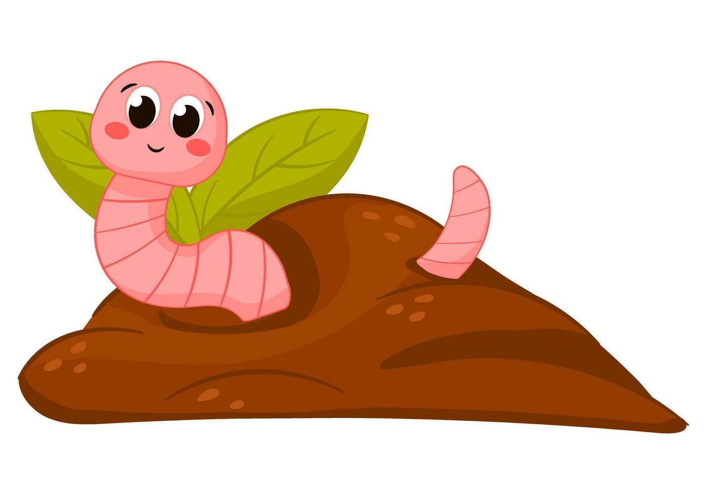 Cute eartworm character sitting in ground with leaves in cartoon style vector