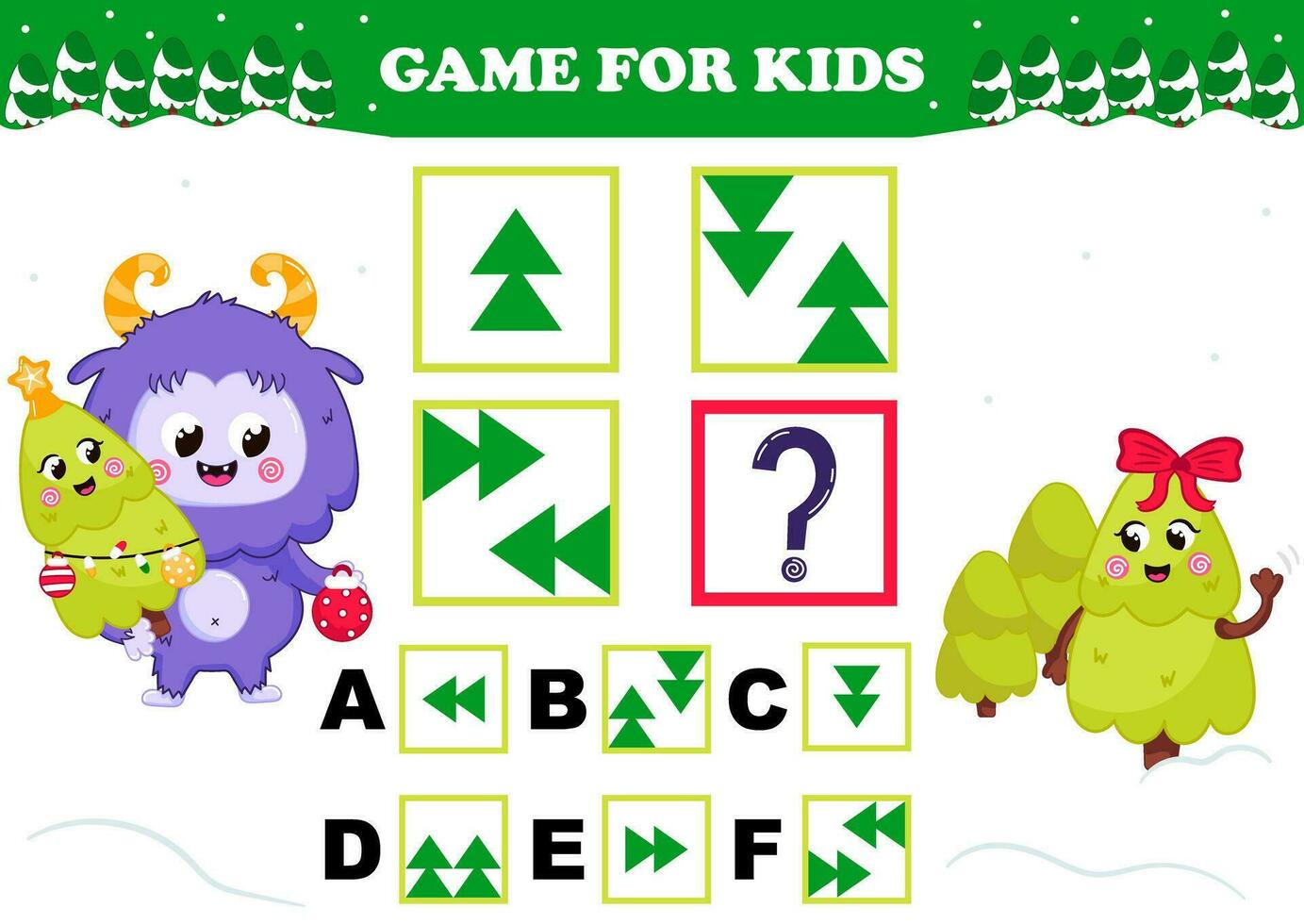 Printable christmas themed game for kids with yeti character with christmas tree trying to find answer for iq test vector