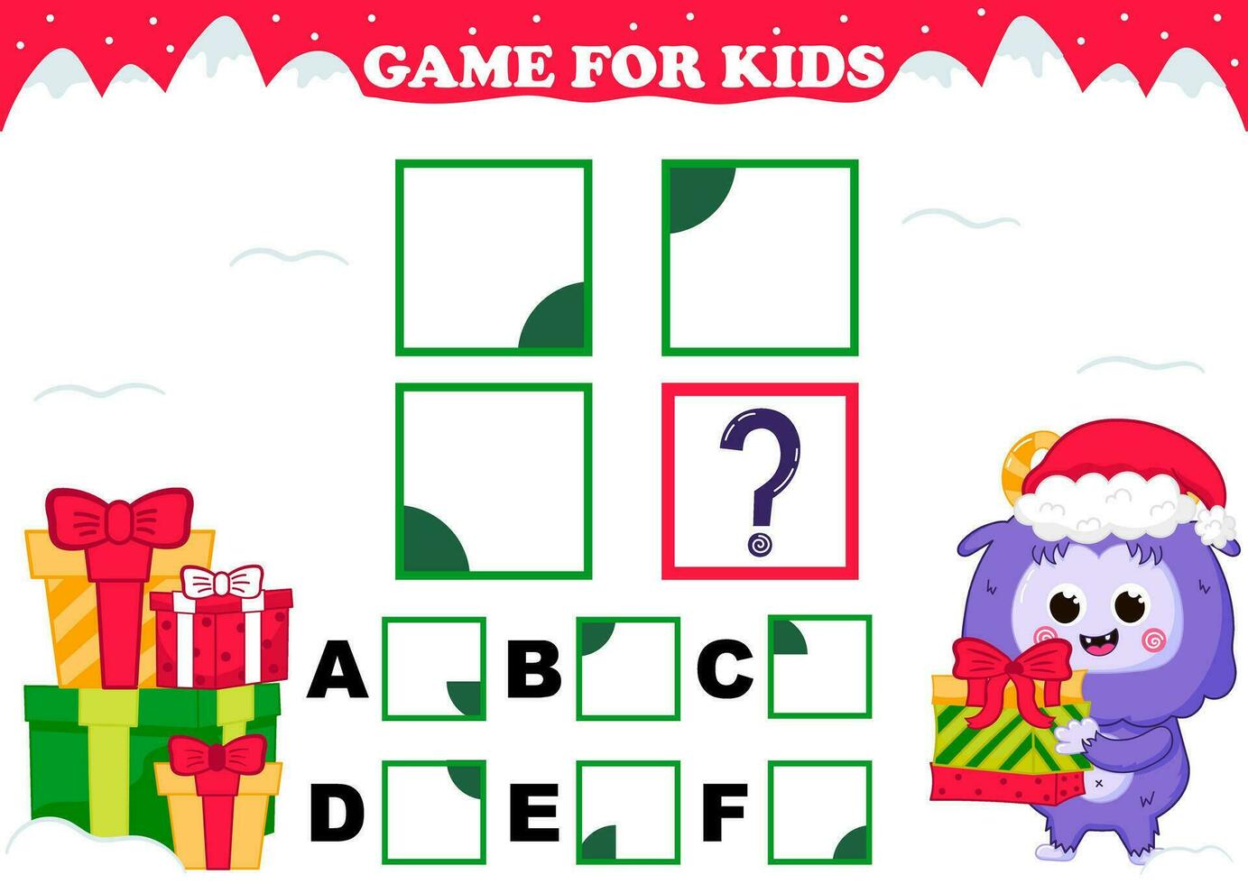 Printable christmas themed game for kids with yeti character with gift boxes trying to find answer for iq test vector