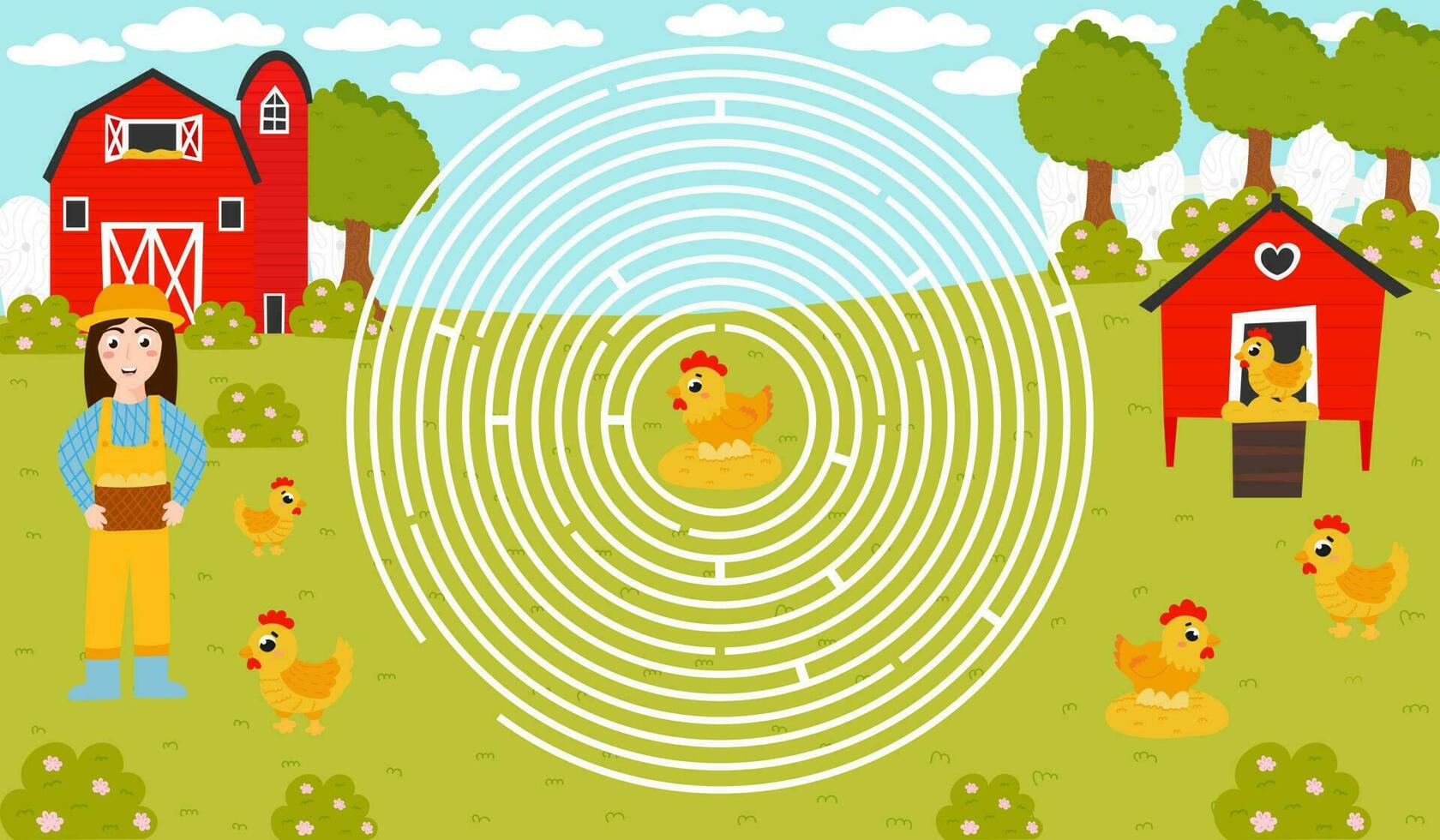 Printable circle maze for kids with girl holding basket with eggs, help to find right way to hen, farming themed labyrinth for kids in cartoon style vector