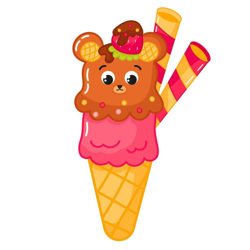 Tasty kawaii bear shaped ice cream in cone with strawberry and chocolate cartoon vector