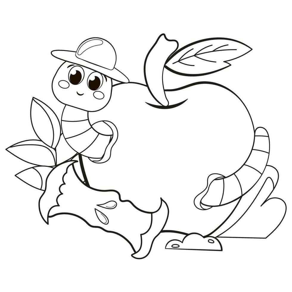 Coloring page with cute worm with apple for kids vector