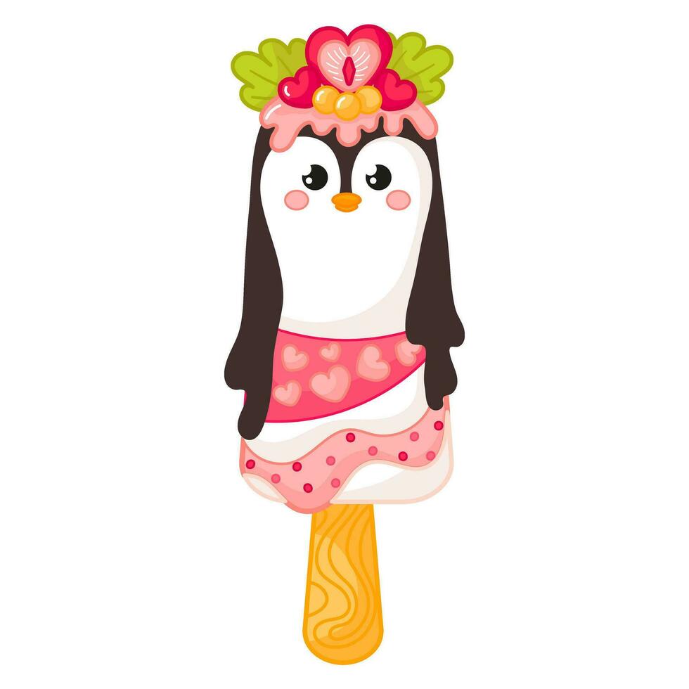 Tasty kawaii penguin shaped ice cream on stick with strawberry cartoon for summer vector