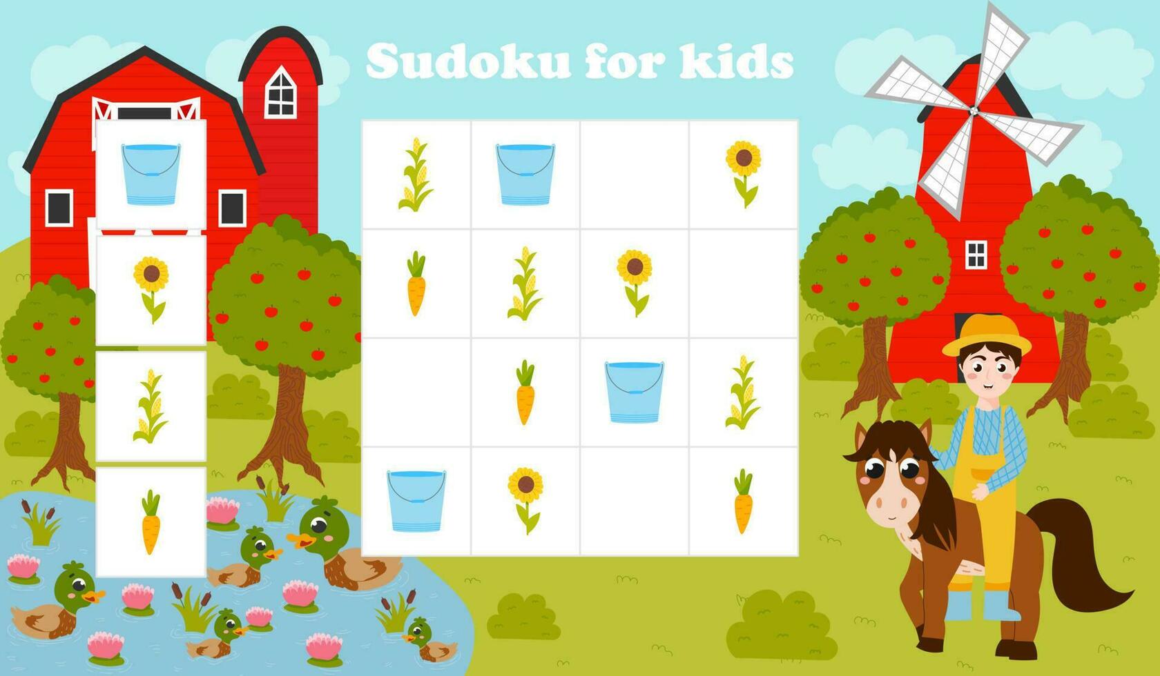 Colorful sudoku game for kids with farmer and horse, pond with ducks, barn and farm objects in cartoon style vector