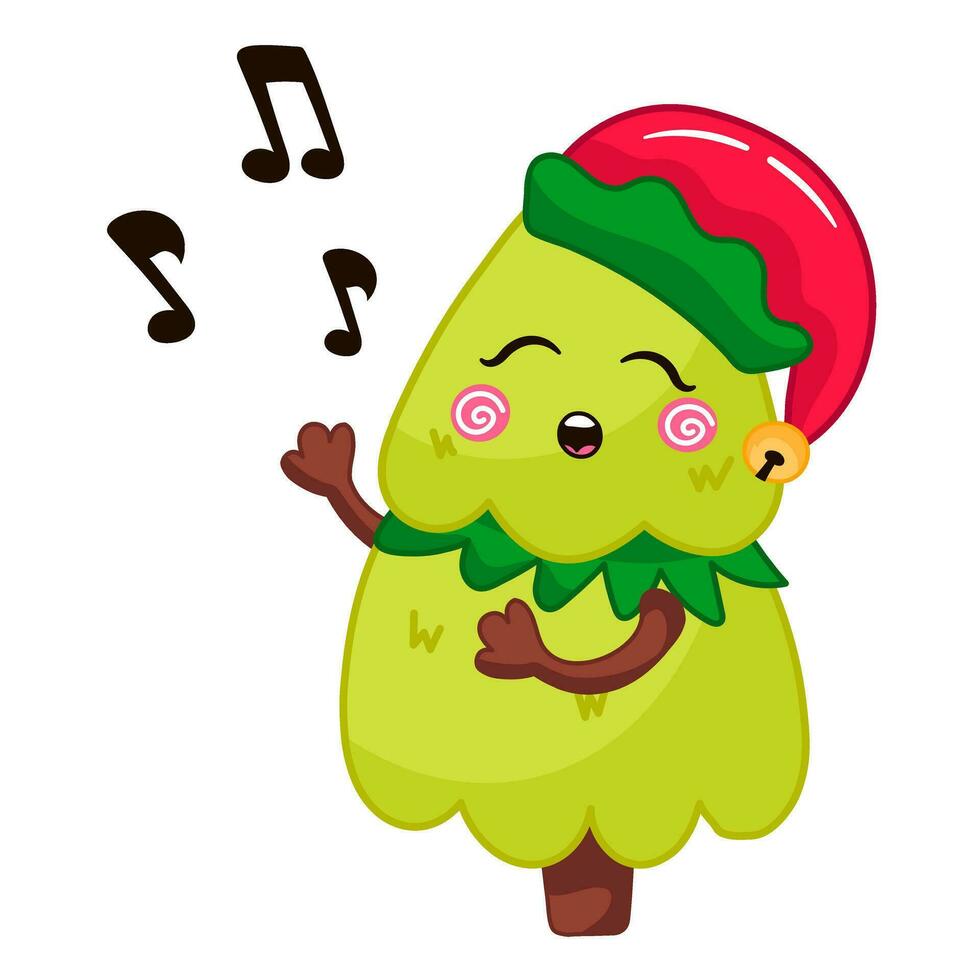 Cute Christmas tree character in elf costume play singing song in cartoon style vector