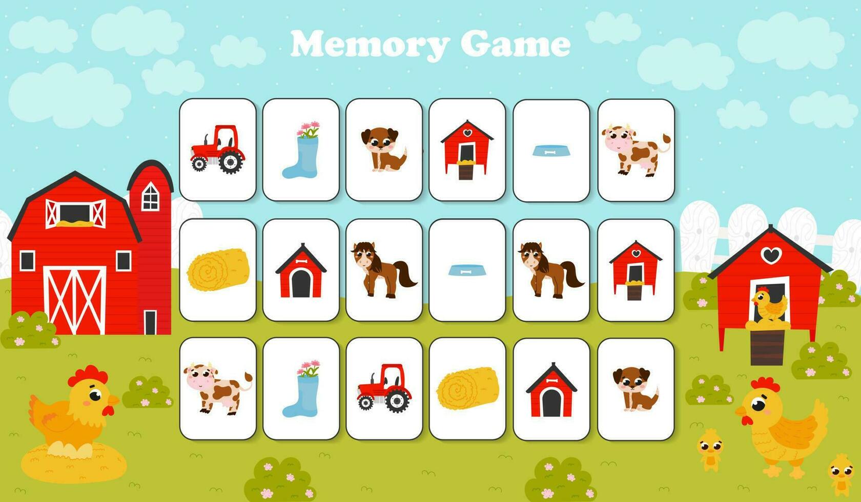 vistoso memoria juego con gallina y pollo, granero y granja en dibujos animados estilo para niños, imprimible hoja de cálculo con rompecabezas vector