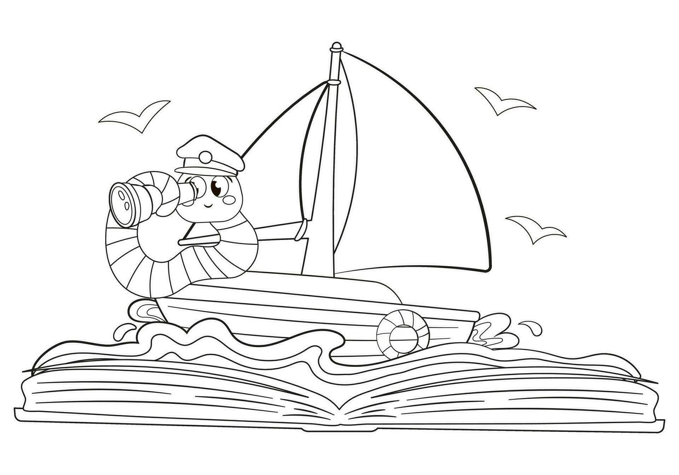 Coloring page with cute bookworm sailing in boat exploring ocean vector