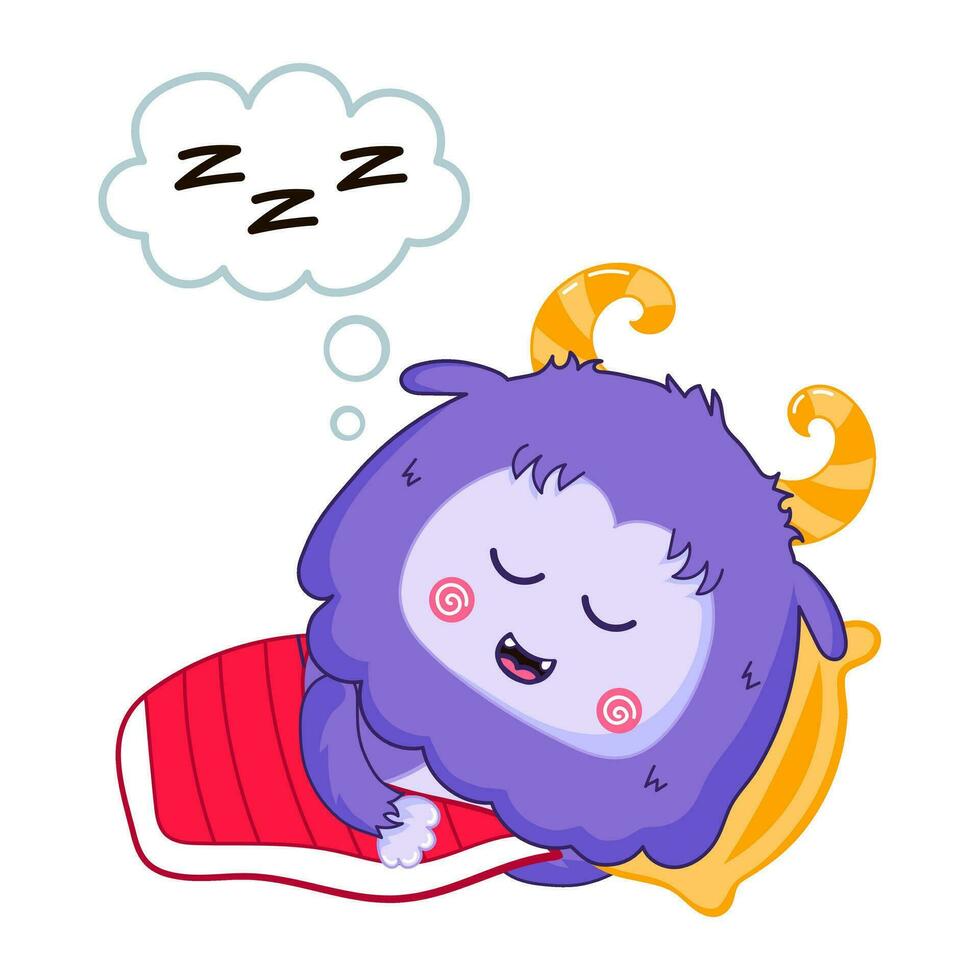 Cute Yeti or Bigfoot character sleeping in bed in cartoon style vector