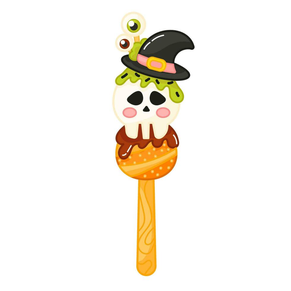 Tasty kawaii skull shaped ice cream or sweets on stick with witch hat on head and eyes on sticks cartoon for halloween vector