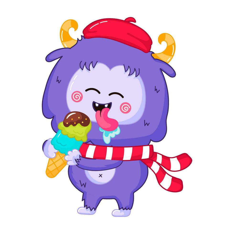 Cute Yeti or Bigfoot character eating ice cream in cartoon style vector