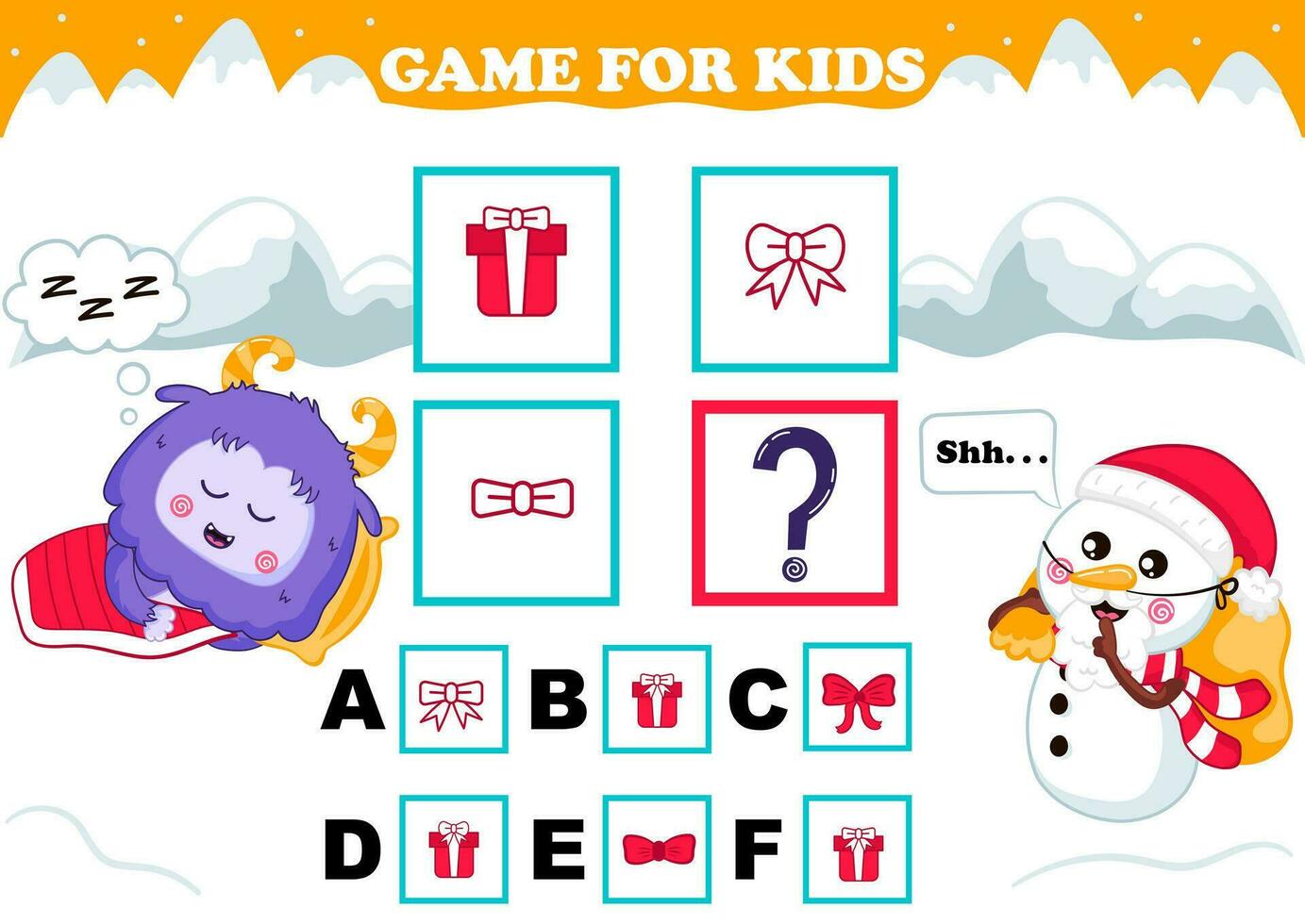 Printable christmas themed game for kids with yeti character sleeping and waiting for gift while snowman ddressed as santa trying to find answer for iq test vector