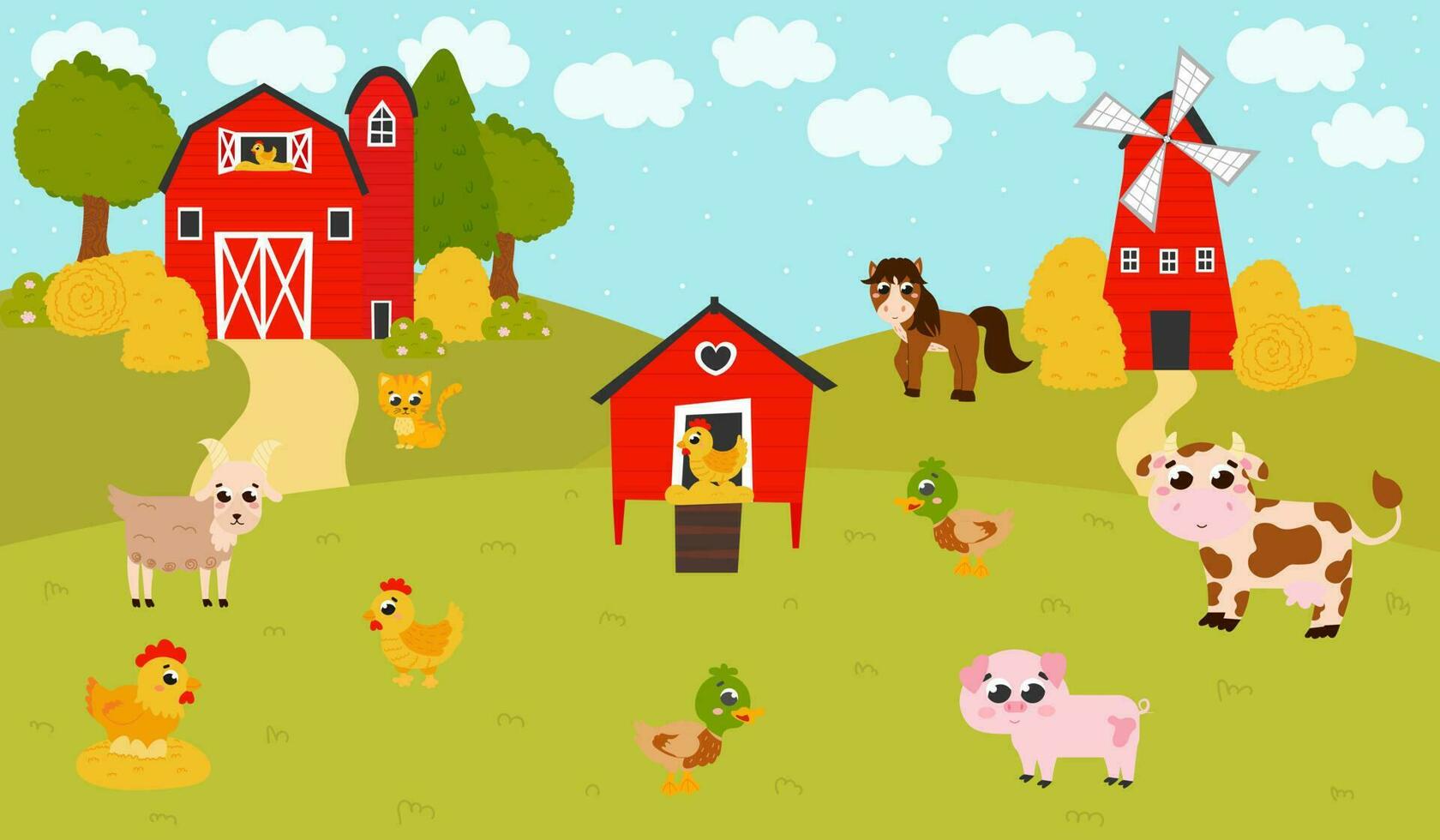 Farm background with barn and windmill, henhouse and farm animals in cartoon style for children books, posters or games vector