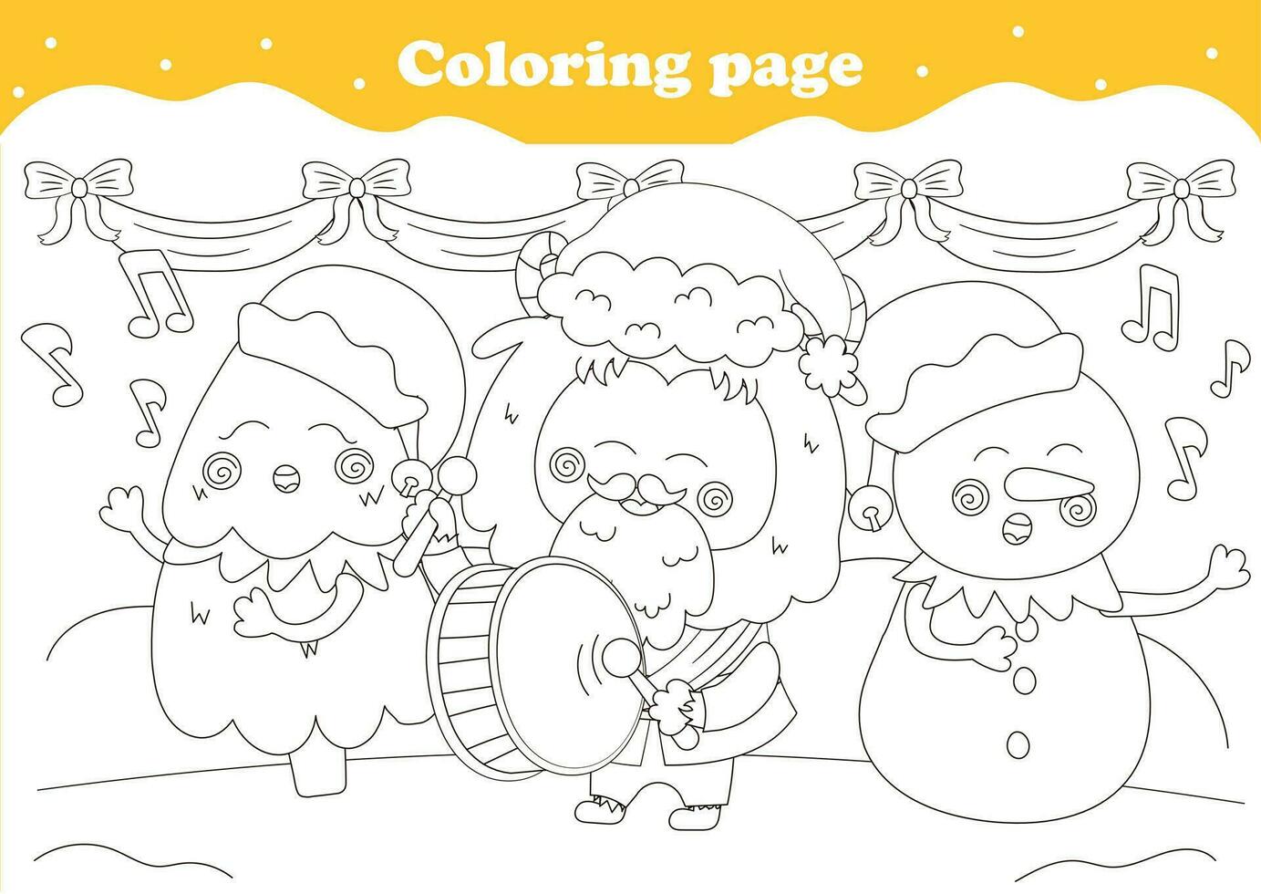 Cute coloring page with kawaii Christmas characters singing carols and playing drum vector