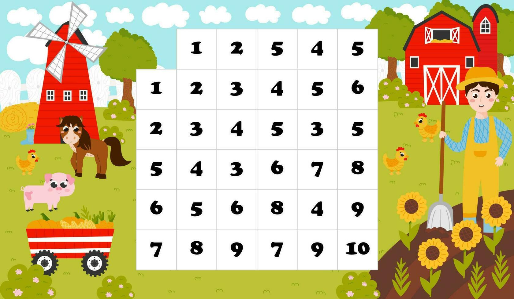 Printable math labyrinth for kids in cartoon style with farmer digging and barn, windmill vector