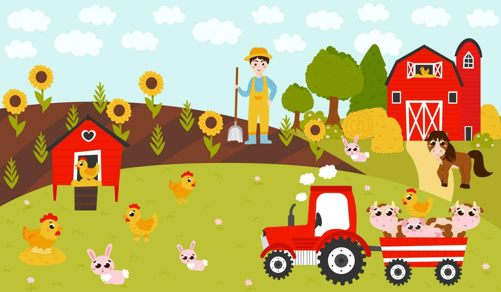 Farming poster with tractor with animals and farmer boy digging, barn with horse, landscape with harvest vector
