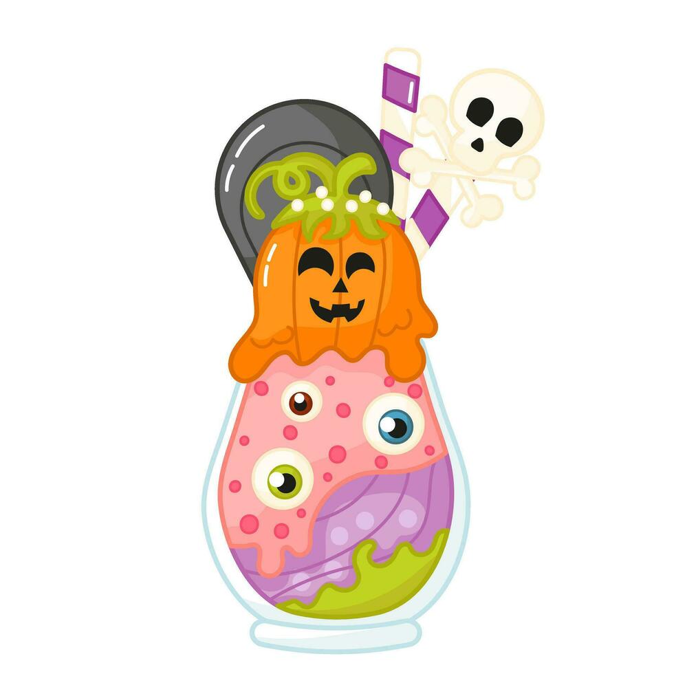 Tasty kawaii pumpkin shaped ice cream in glass with skull and grave cartoon for halloween vector