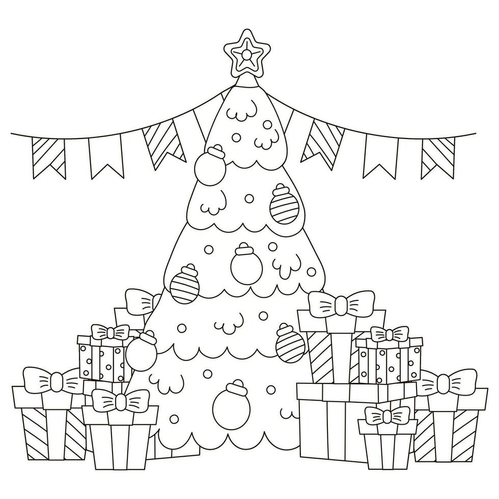 Christmas tree and gifts theme coloring page for kids and adults vector