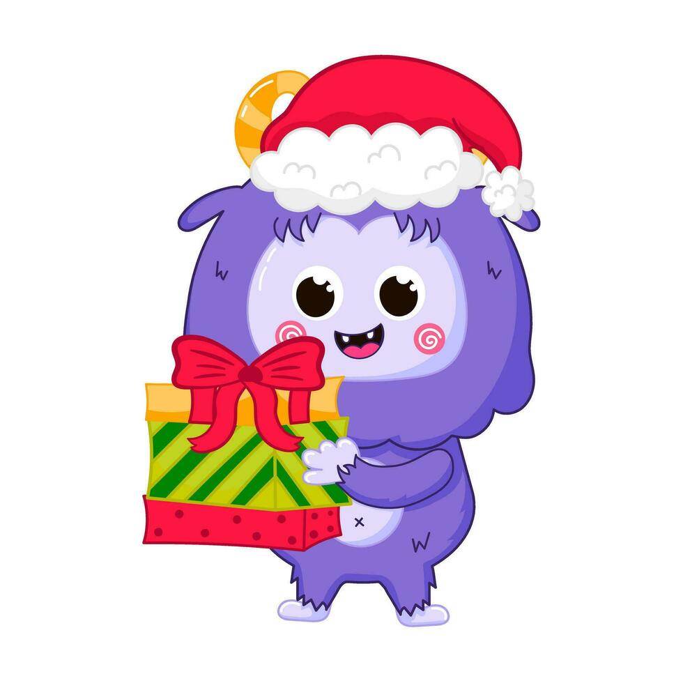 linda yeti personaje con Papa Noel sombrero con Navidad regalo cajas en dibujos animados estilo vector