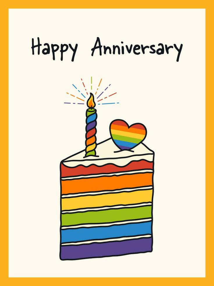 Pride month. Happy anniversary hand drawing greeting card with cake. vector