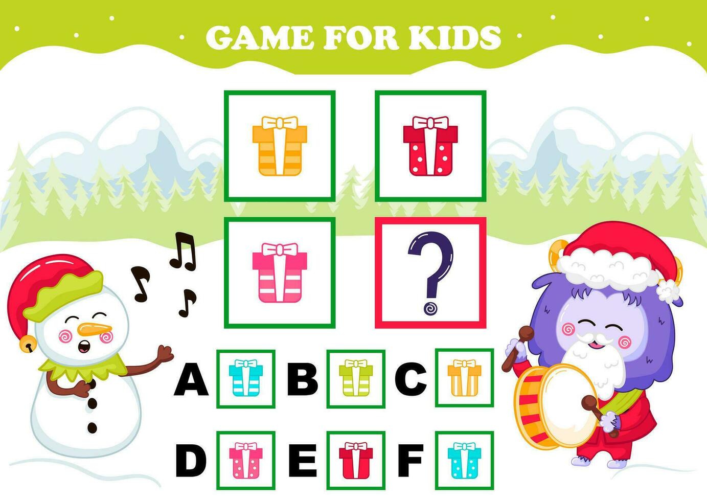 imprimible Navidad temática juego para niños con yeti personaje y monigote de nieve vestido como duende y canto villancicos vector