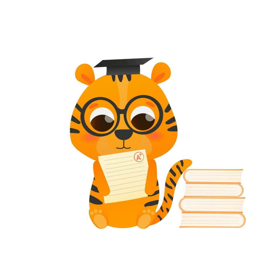 Cute tiger animal character get a for test, educational illustration for kids, preschooler reading books in cartoon style vector