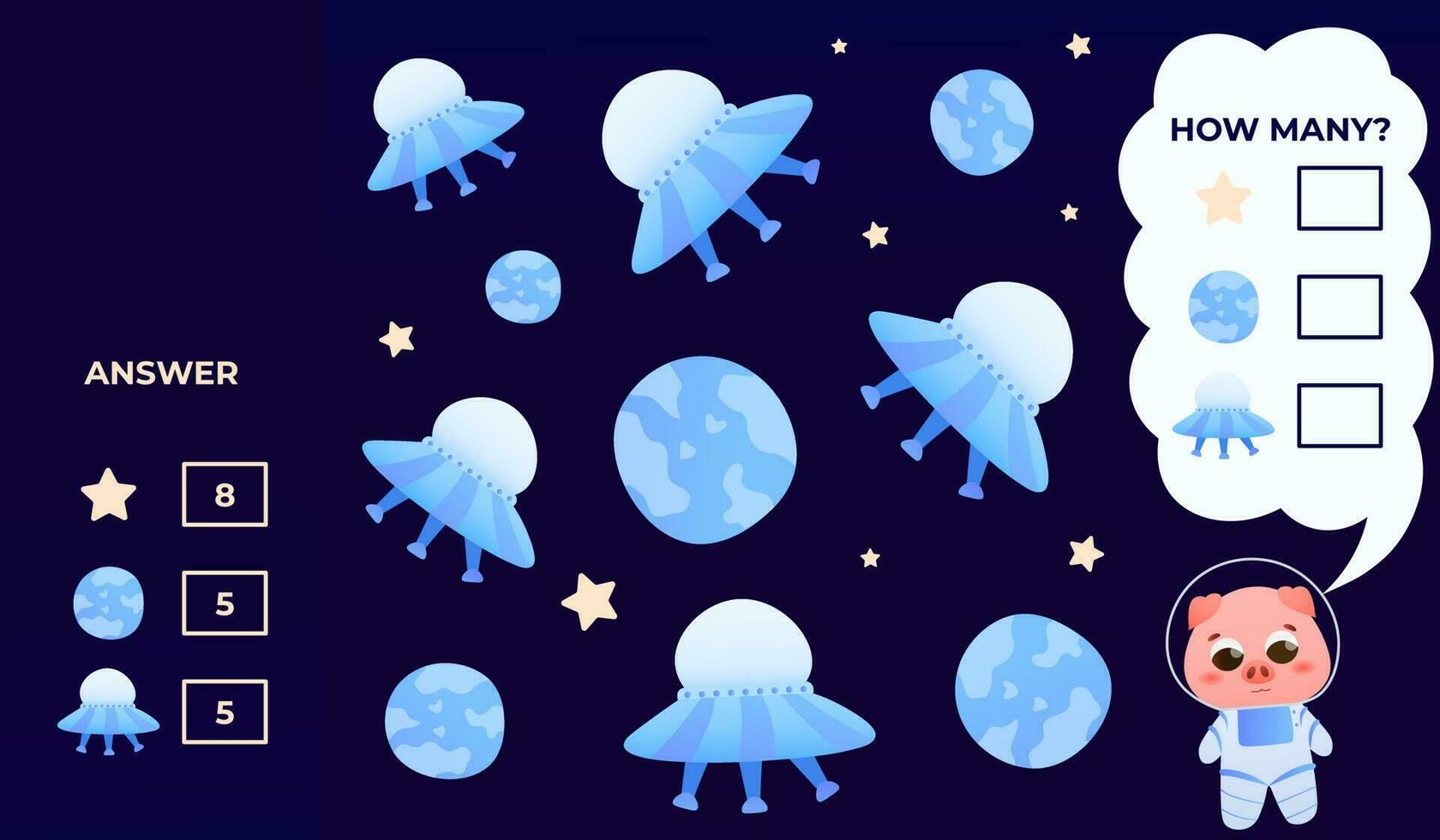 Counting educational game for kids, help astronaut, puzzle for children books or worksheets, explore galaxy vector