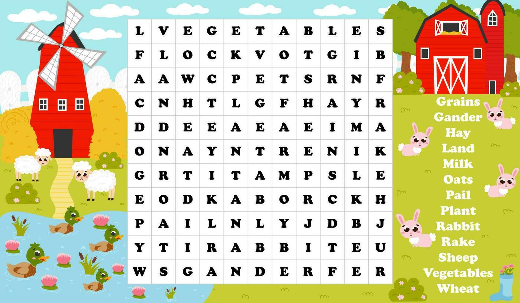 Printable worksheet word search with farm barn and windmill with pond and ducks in cartoon style for kids, cute sheeps vector