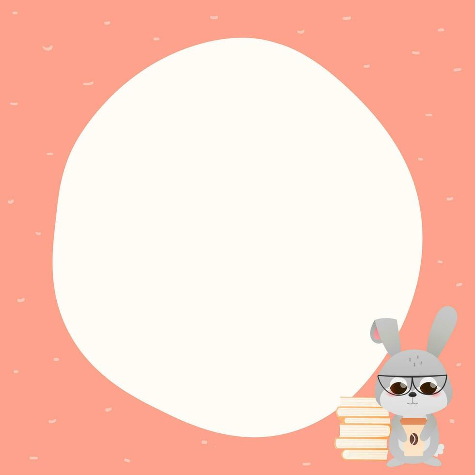Cute rabbit character holding coffee and reading books, coulourful template frame for educational banners, childish animal in cartoon style vector