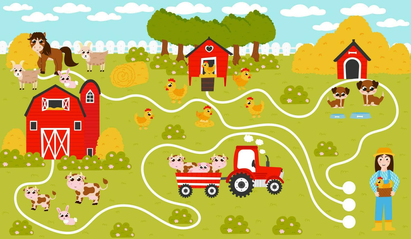 Find way game for kids with farmer girl and horse, barn and doghouse, tractor and animals, printable worksheet with farm theme in cartoon style vector