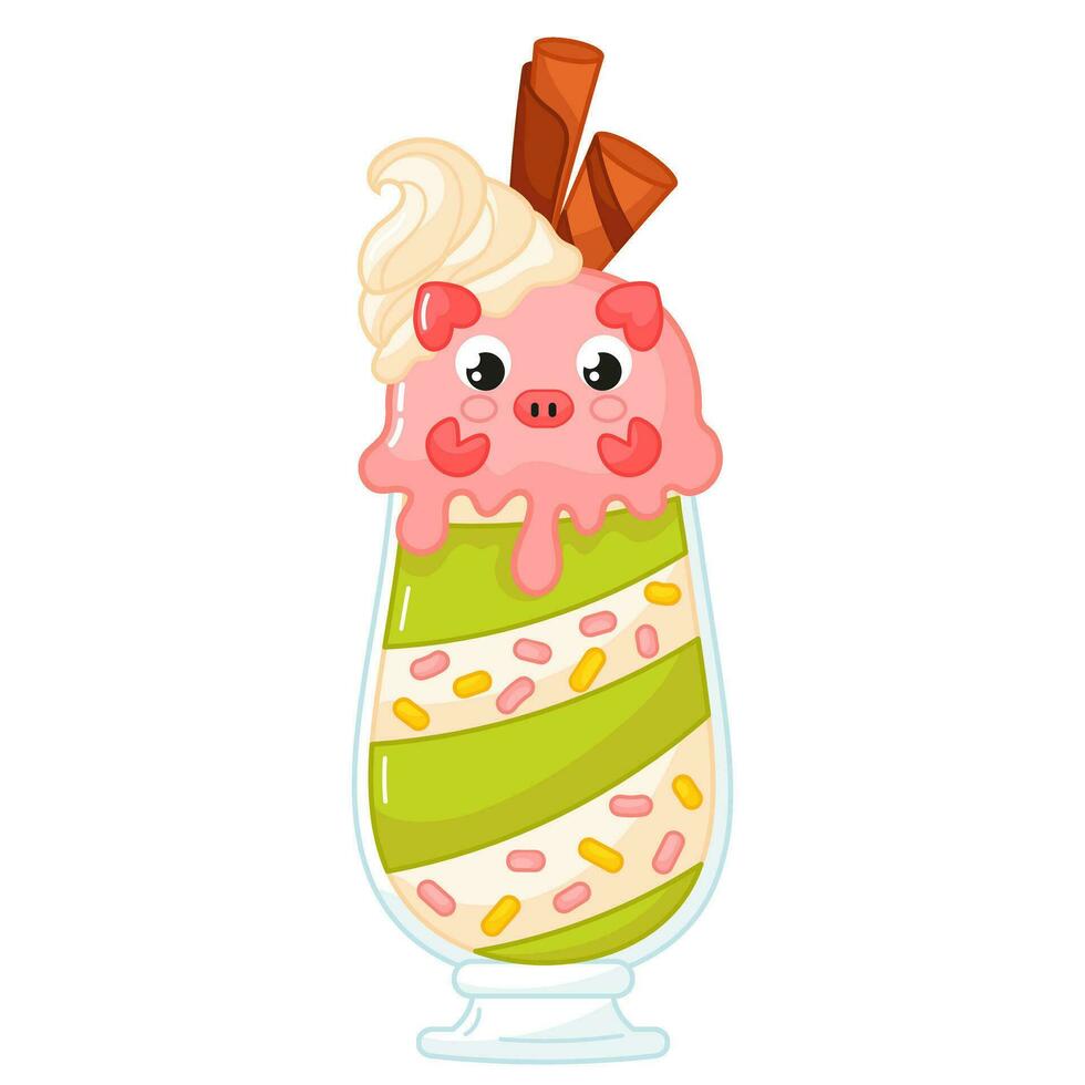 Tasty kawaii pig shaped ice cream in glass with sweets and cream cartoon for summer vector