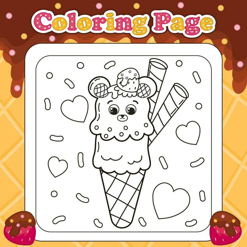 verano dulces temática colorante página para niños con kawaii animal personaje oso conformado hielo crema con fresa, vector